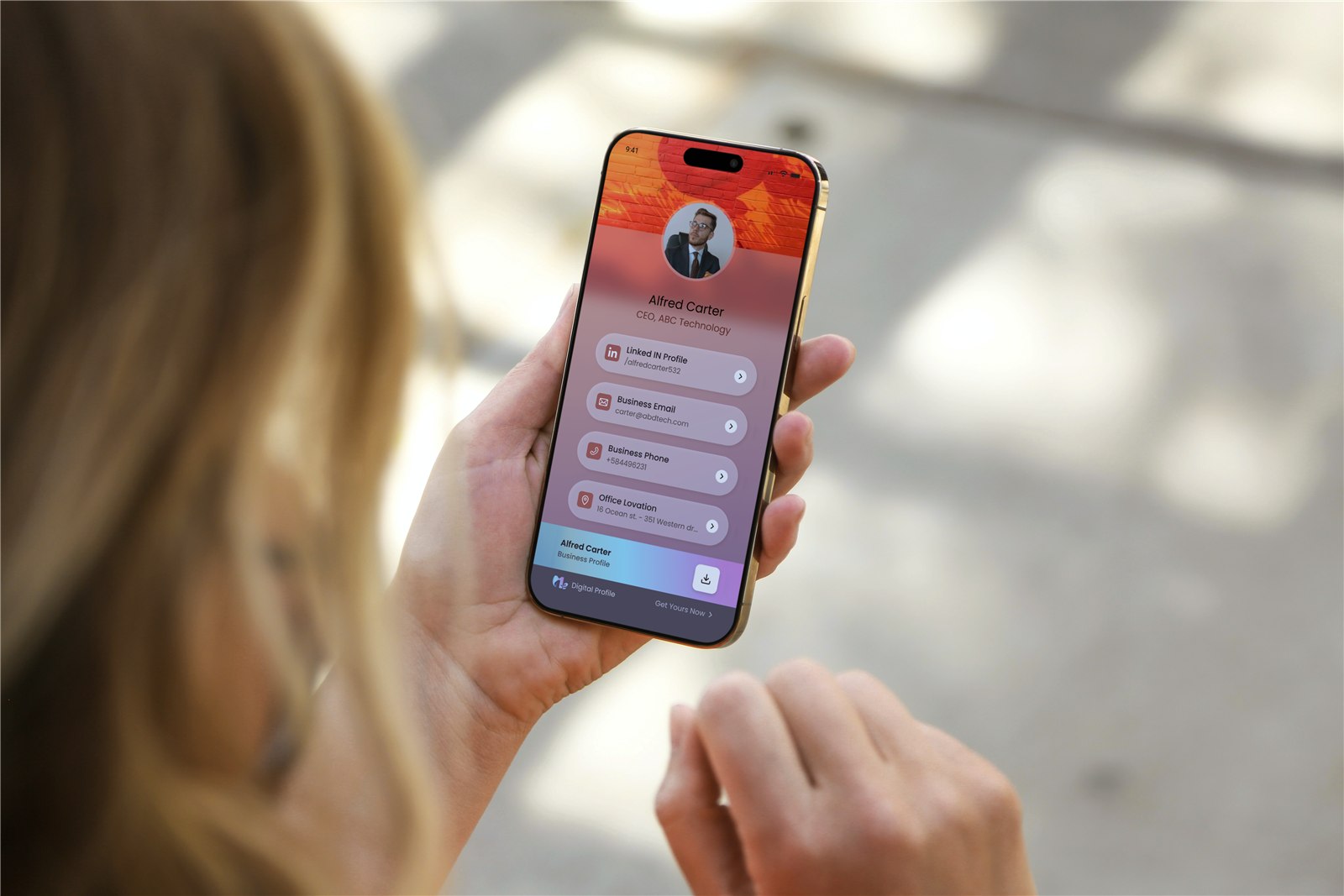 1Me mockup showing a digital business profile on a phone outdoors