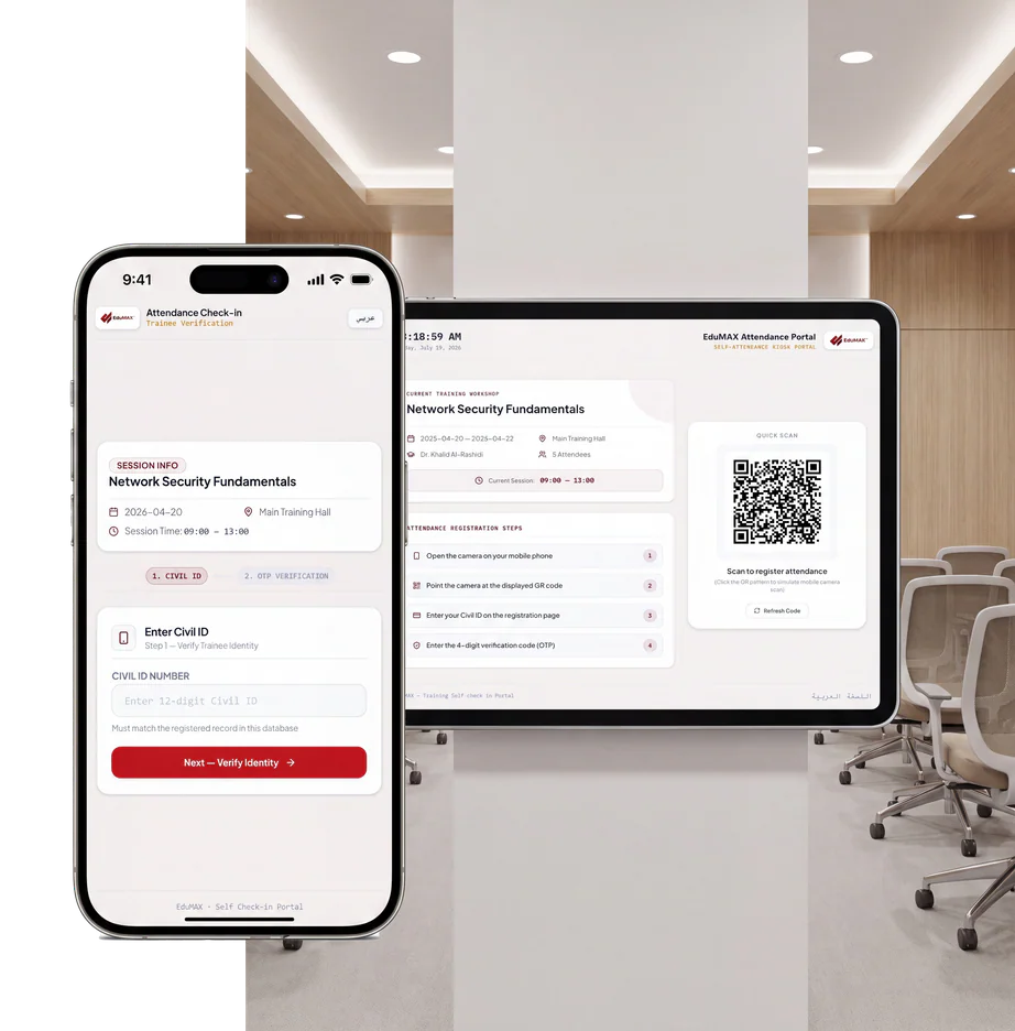 EduMAX mobile Civil ID check-in and classroom QR attendance-kiosk visual