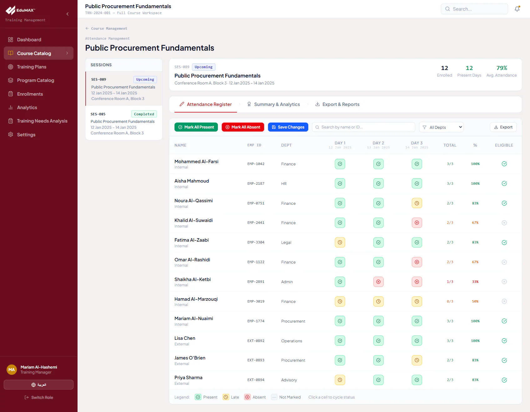 EduMAX: Per-day attendance register