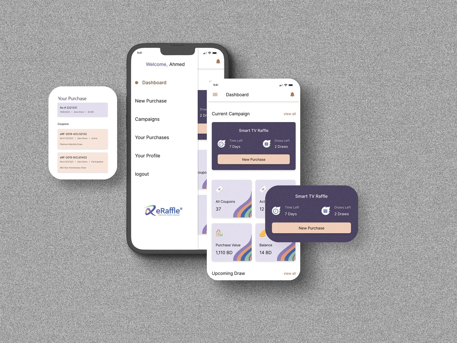eRaffle mobile promotional mockup showing a navigation drawer, campaign dashboard and purchase-linked coupons