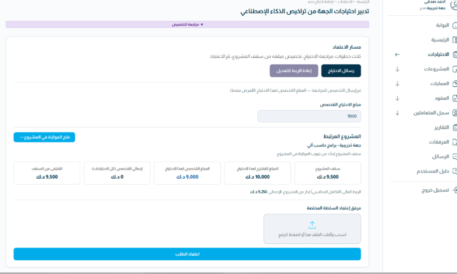Budget-request form with a project amount, budget details, document area and submit action.