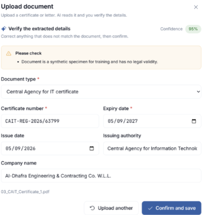 Document-assistance interface extracting certificate fields and asking a reviewer to verify the details.
