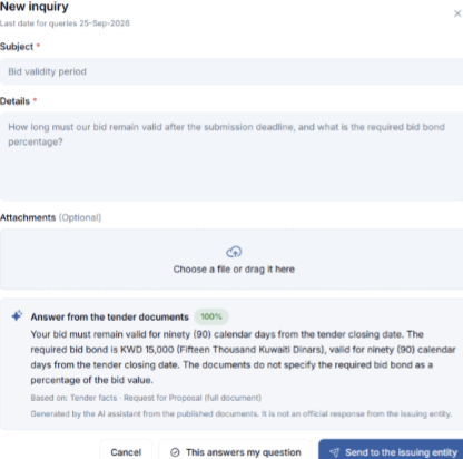 Tender-assistance interface answering a supplier question from tender documents for review.