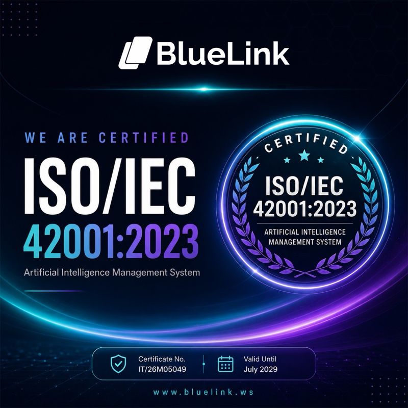BlueLink ISO/IEC 42001:2023 Artificial Intelligence Management System certification announcement artwork