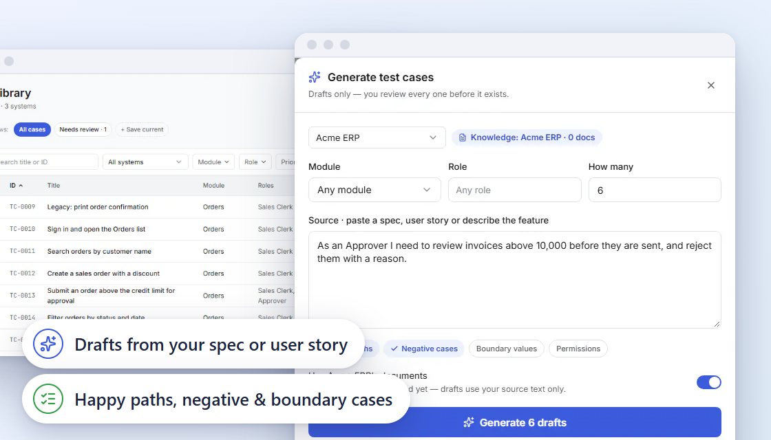 Generate test cases with AI from a spec or user story: happy paths, negative and boundary cases.