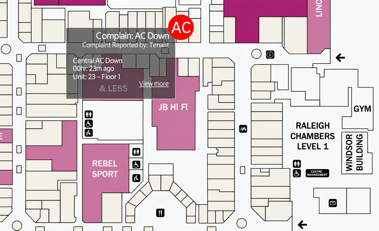Enhanced PropertyPro floor-plan view showing a tenant-reported AC Down issue for Unit 23 on Floor 1