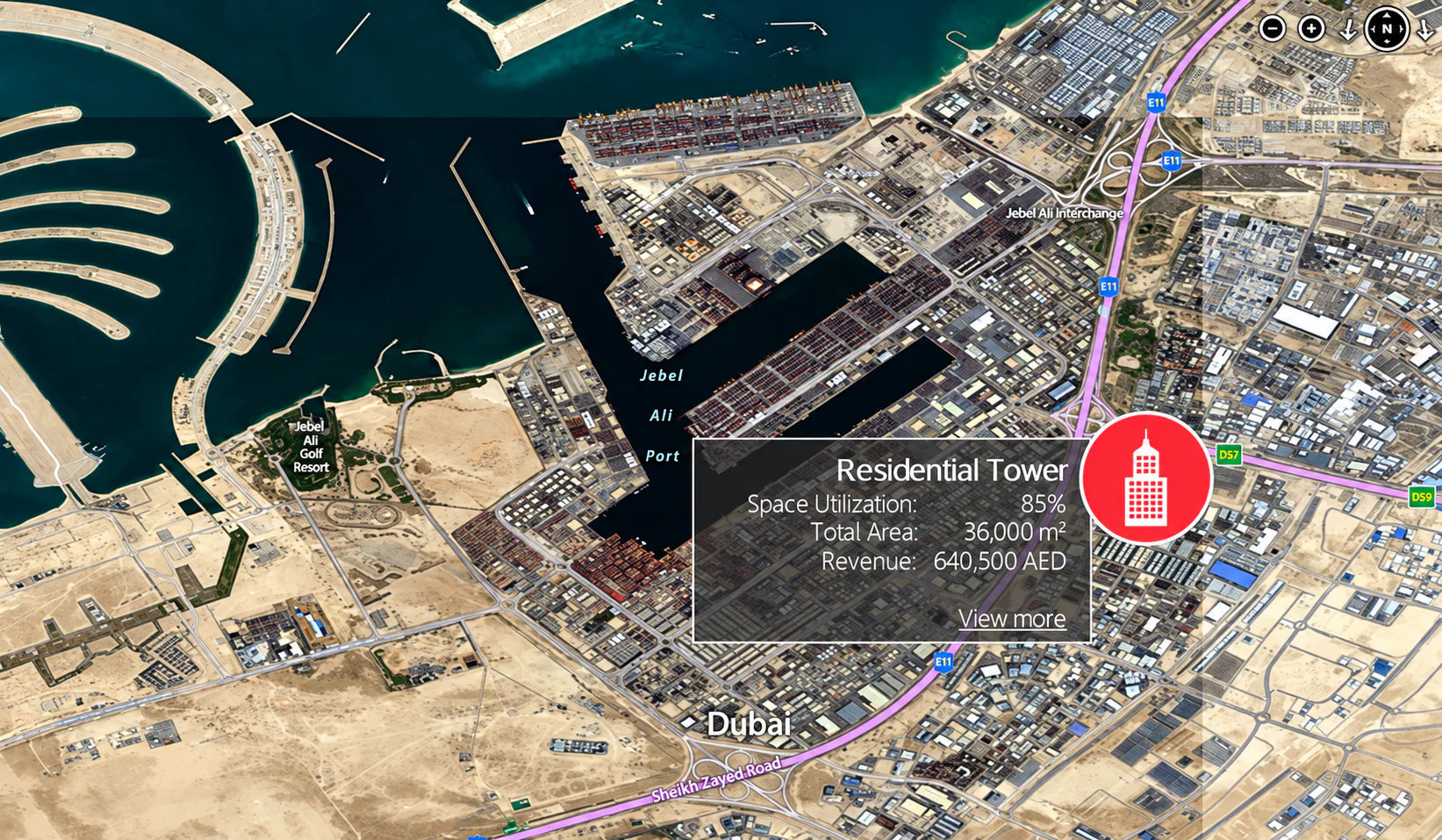 Enhanced PropertyPro satellite view with a Residential Tower marker and utilization, area and revenue overlay