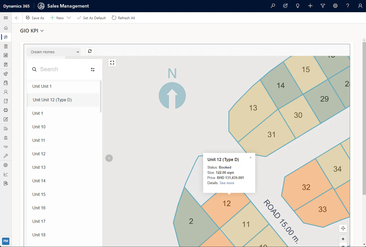 PropertyPro geographic KPI view showing color-coded property plots and a selected unit's availability, size and price