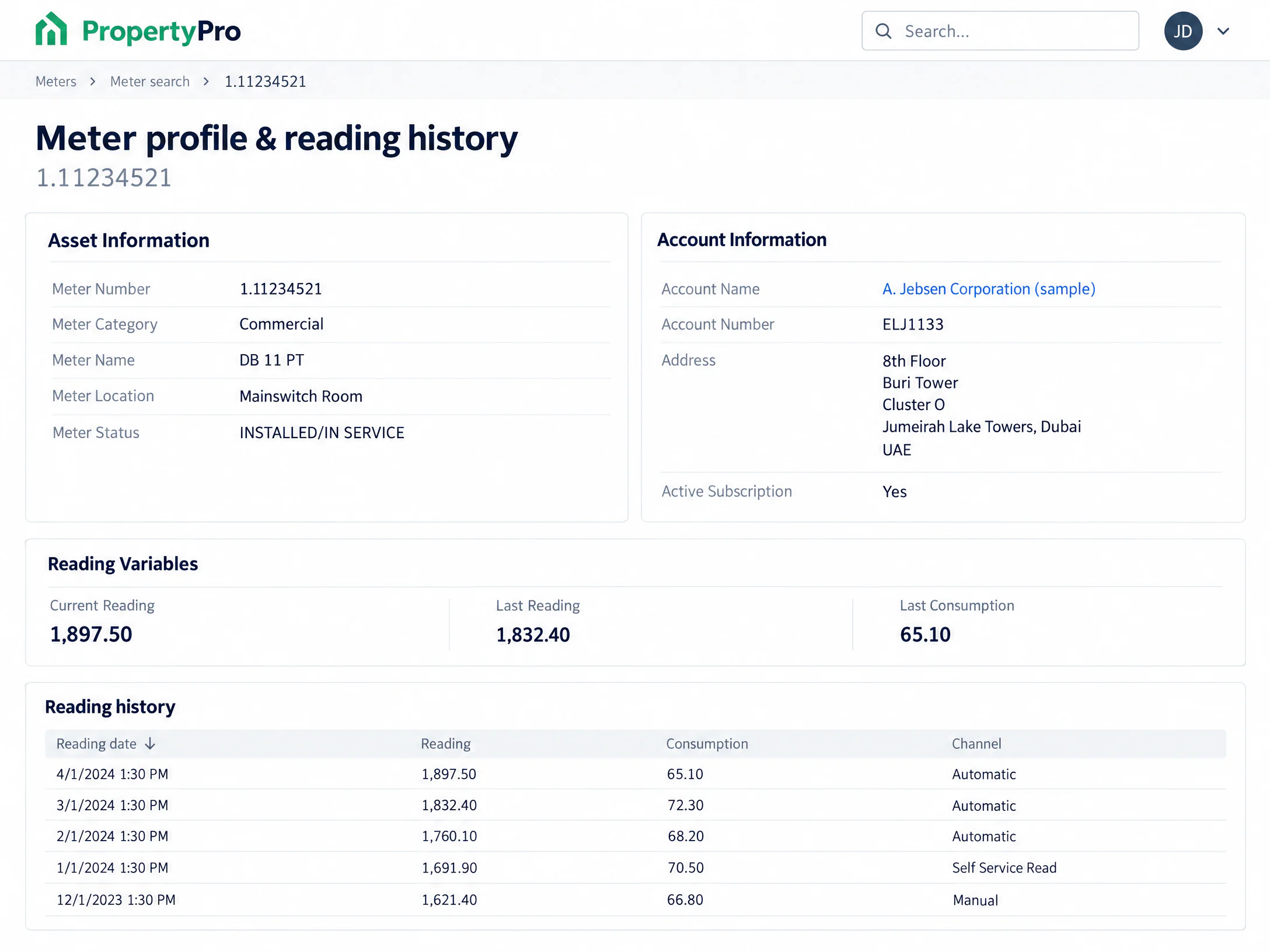 Illustrative PropertyPro meter profile redraw with asset and account information, reading variables and a reading history table