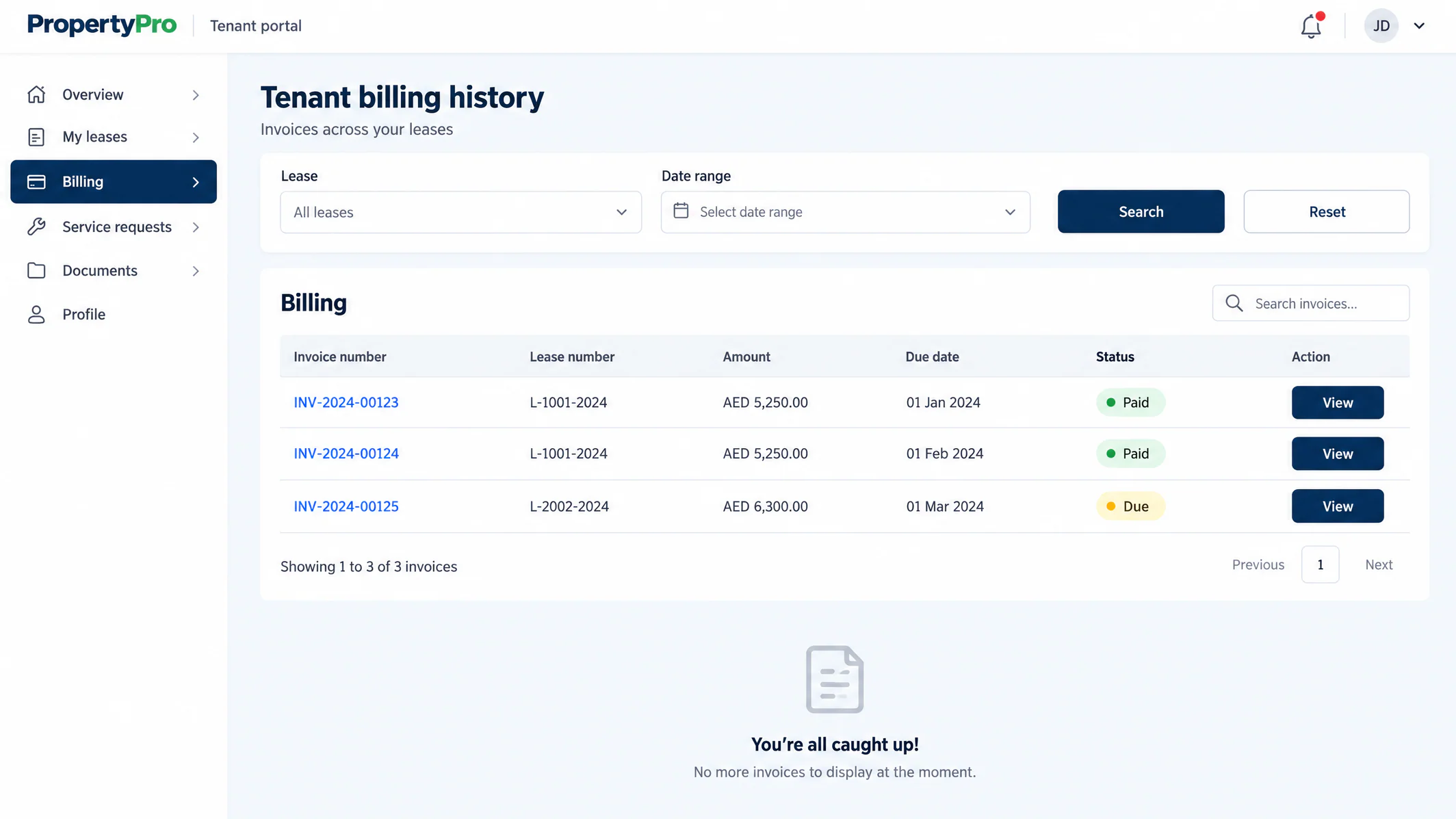 Illustrative PropertyPro tenant billing redraw with lease filters and invoice history
