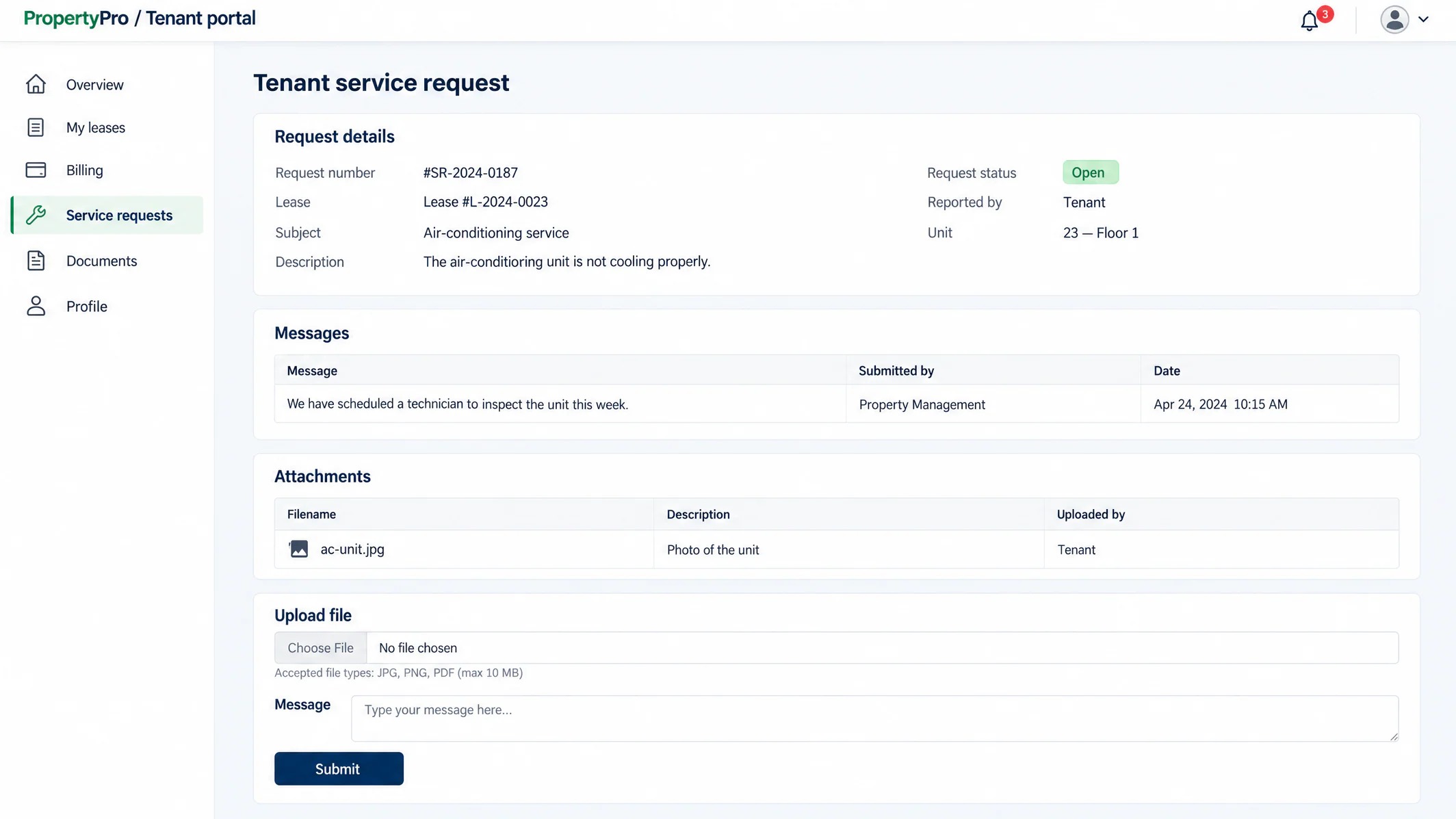 Illustrative PropertyPro tenant service request redraw with lease and issue details, messages, attachments and submission fields