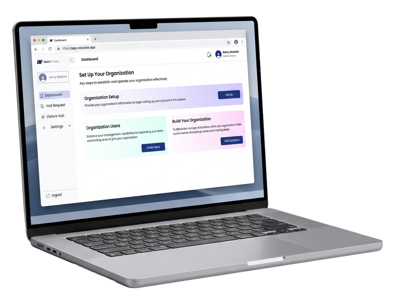 WayPASS laptop mockup showing organization setup, users and locations