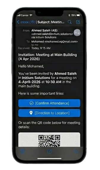 Guest-invitation phone artwork with meeting details, confirmation, location and QR code