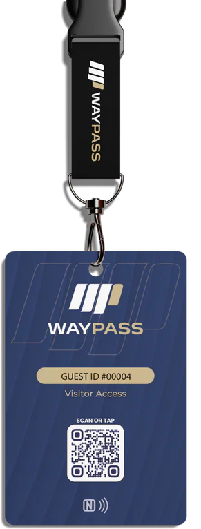 Sample WayPASS visitor badge and lanyard with guest identifier, QR code and NFC symbol