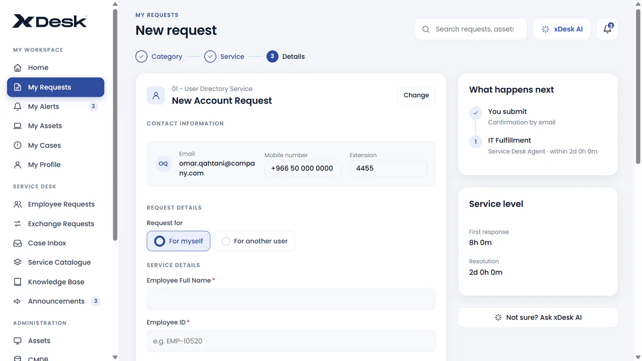 xDesk screen: Service-specific request form