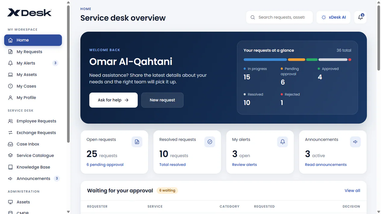 xDesk screen: Self-service home