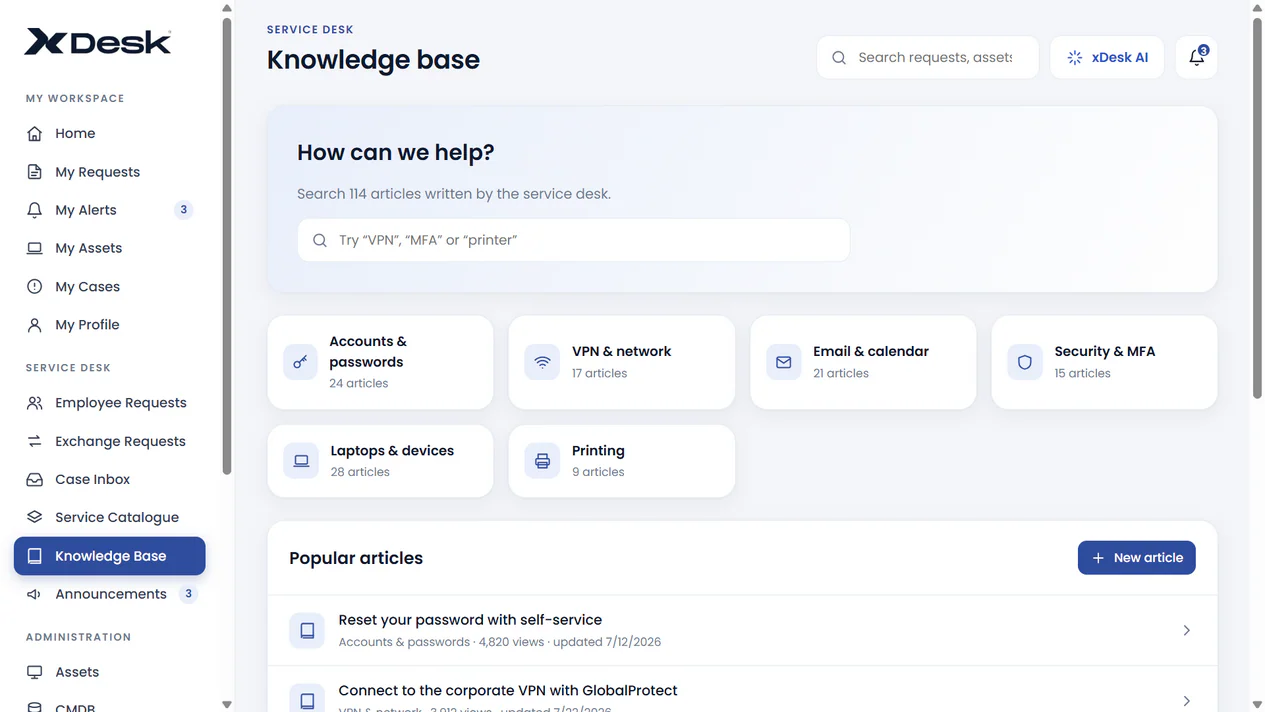 xDesk screen: Centralized knowledge base