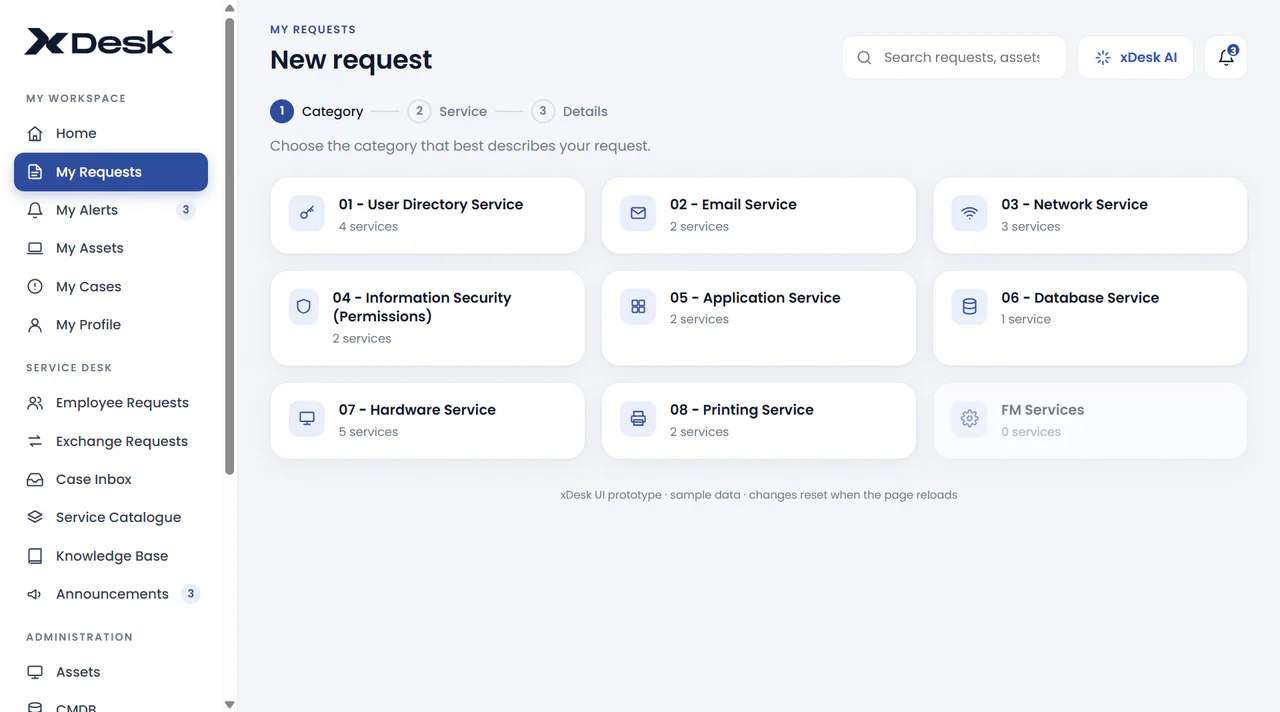 xDesk screen: Guided service selection
